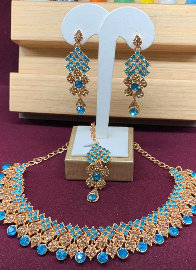 Sky Blue Stone Studded Gold Plated Festive Necklace Set